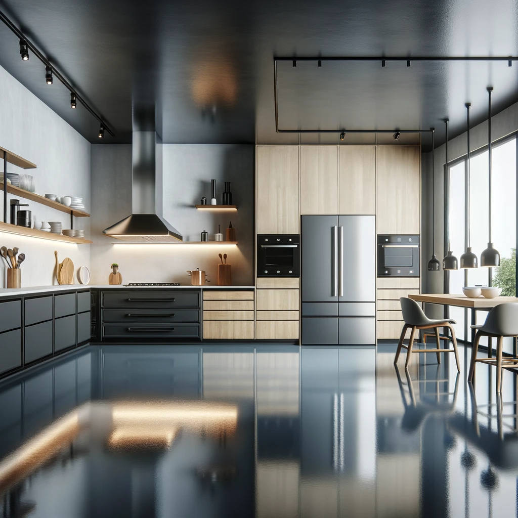 DALL·E 2024-03-07 15.16.19 - Create a modern and minimalist design featuring an epoxy floor in a kitchen. The image should depict a sleek kitchen environment with a high-gloss, si